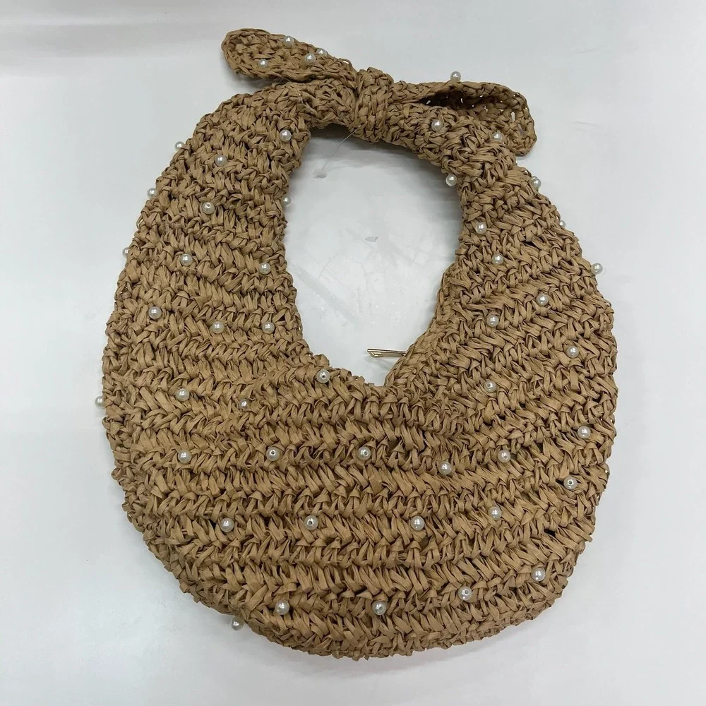 Haute Hippie Style Woven Straw Pearl Embellished Knotted Hobo Bag Tan New